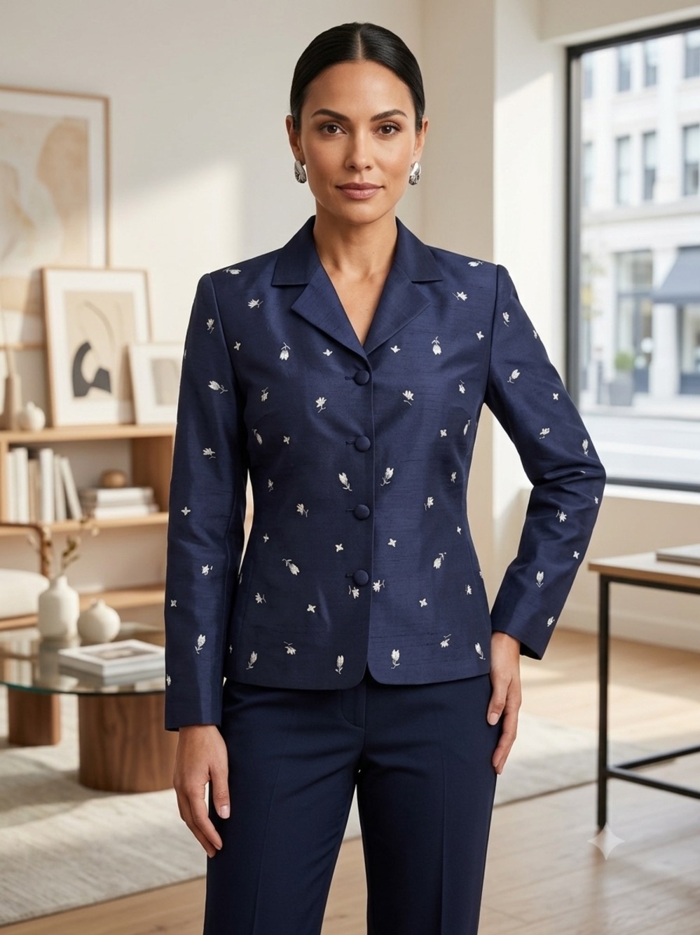 Vintage Travis Ayers Petites 100% Silk Embroidered Navy Blazer Jacket 4P